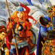 A kender with a slingshot sits next to an elf princess and a mysterious knight in blue-black armor on the illustrated cover for Dragons of Winter Night.